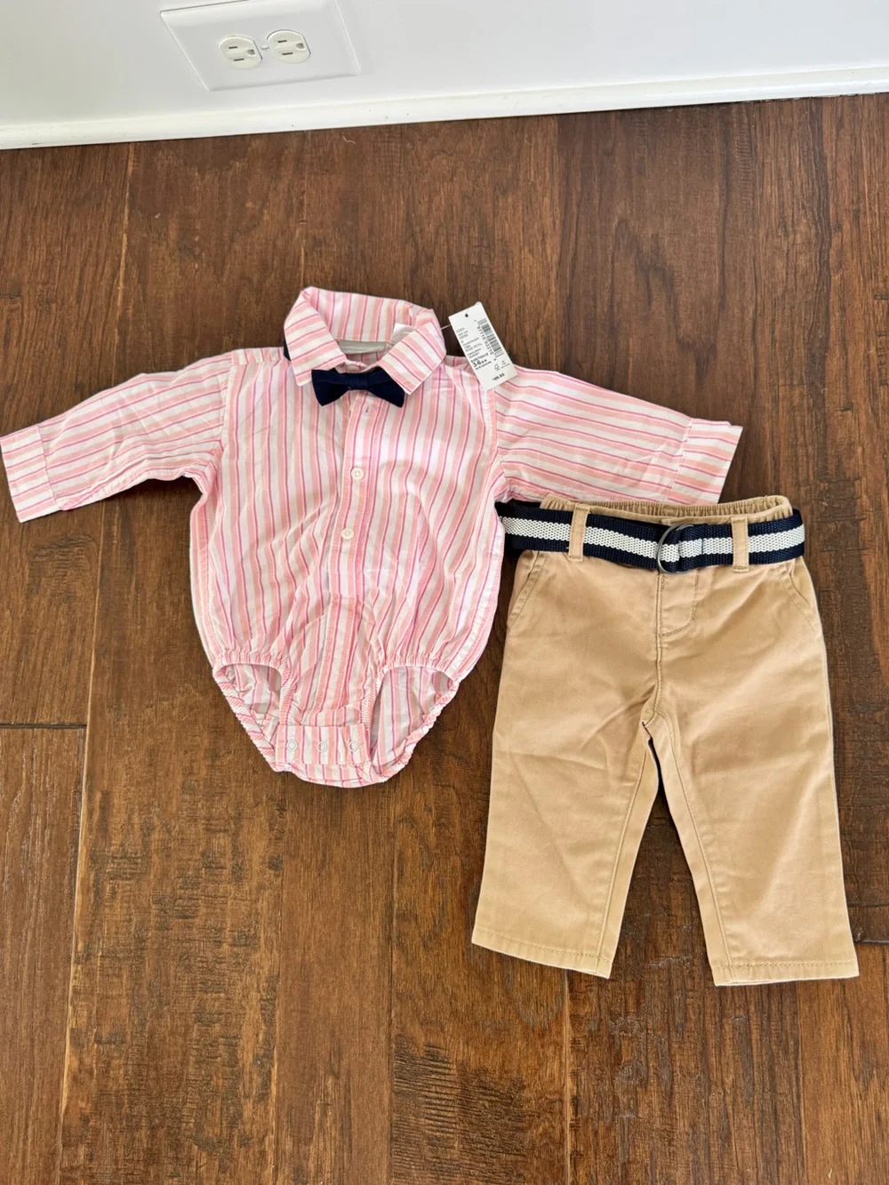 The Children's Place Pink & White Striped Button-Up Bodysuit with Navy Bow
